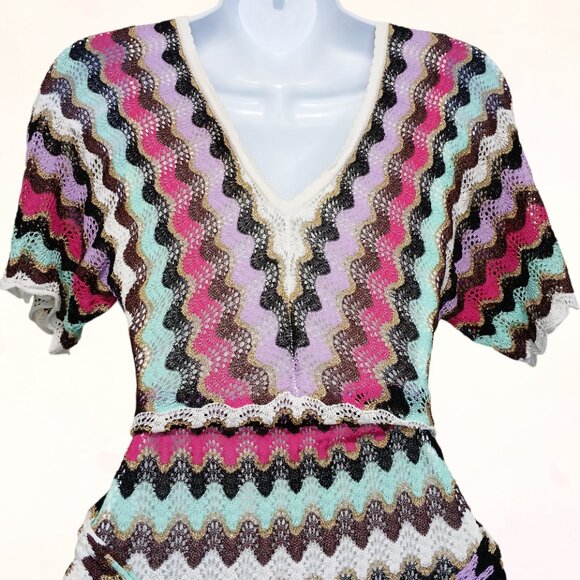 Guess Vintage Zig Zag Stretchy Metallic Gold Knit Fabric Belt Mini Dress Size S - Picture 8 of 16